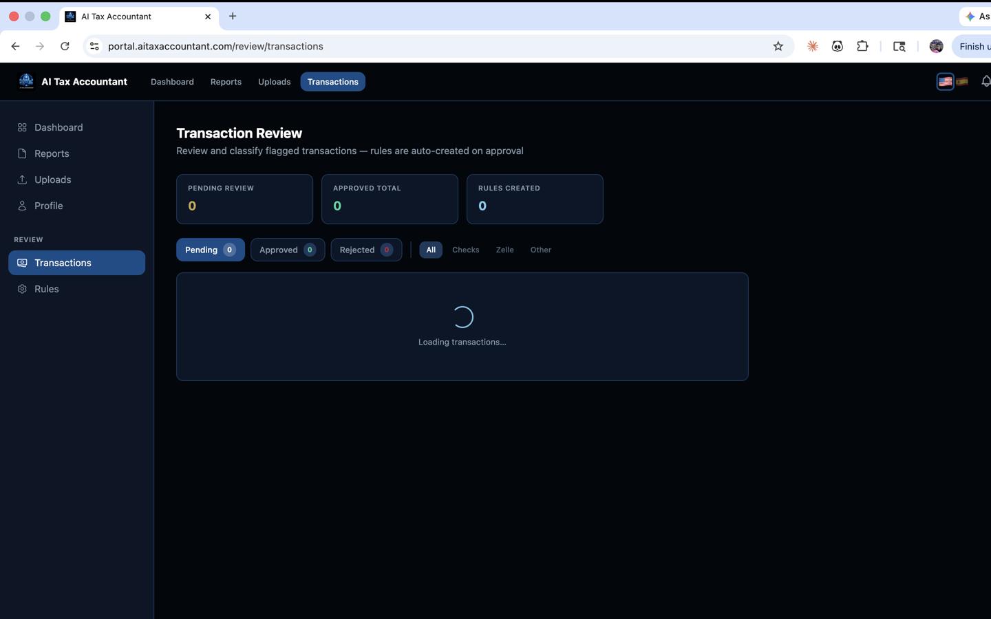 La página de Revisión de Transacciones en el portal