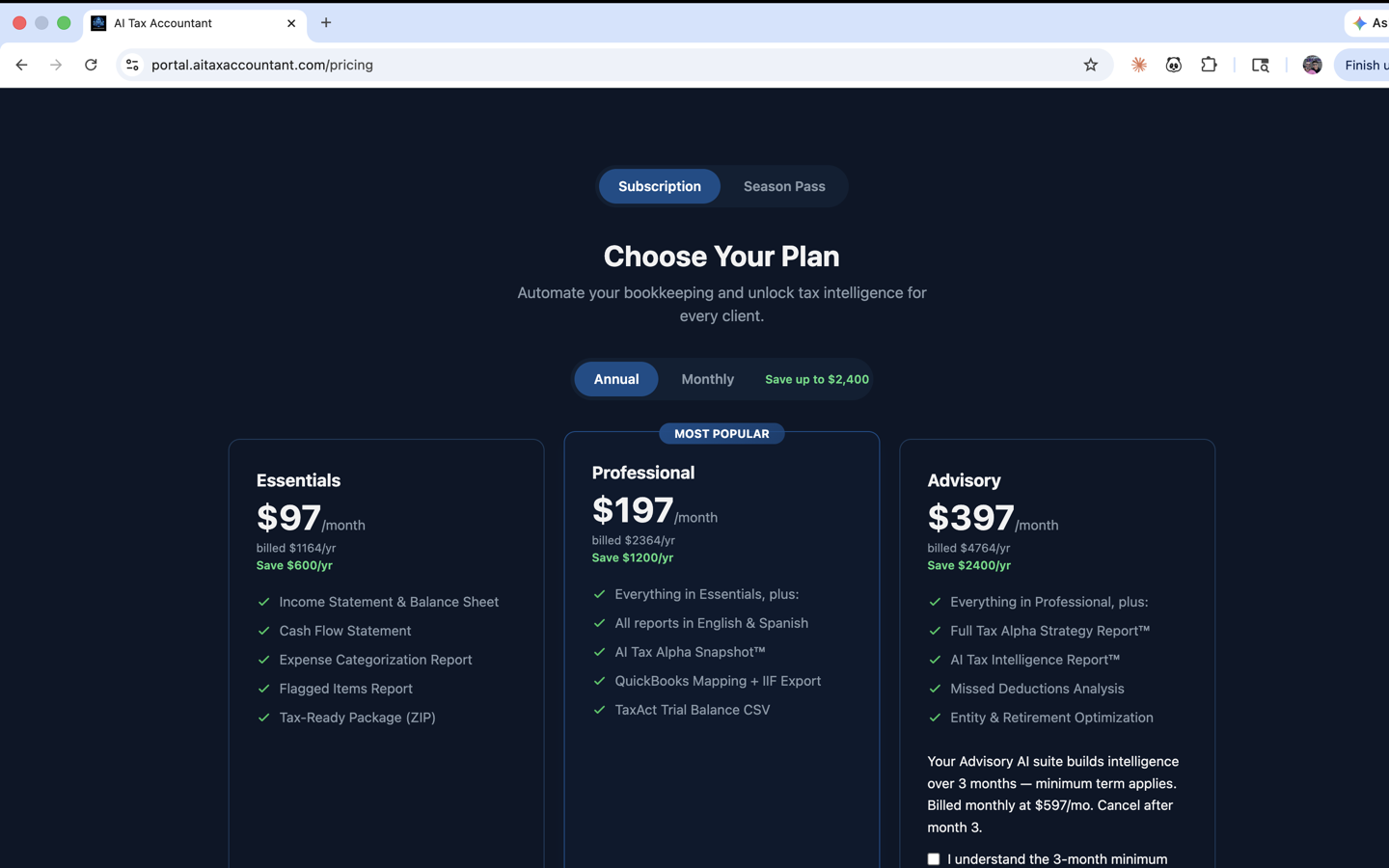 La página de precios en el portal mostrando los tres niveles de suscripción