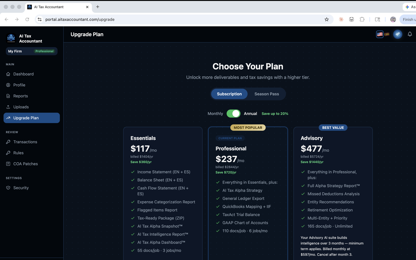 La página de Actualización en el portal