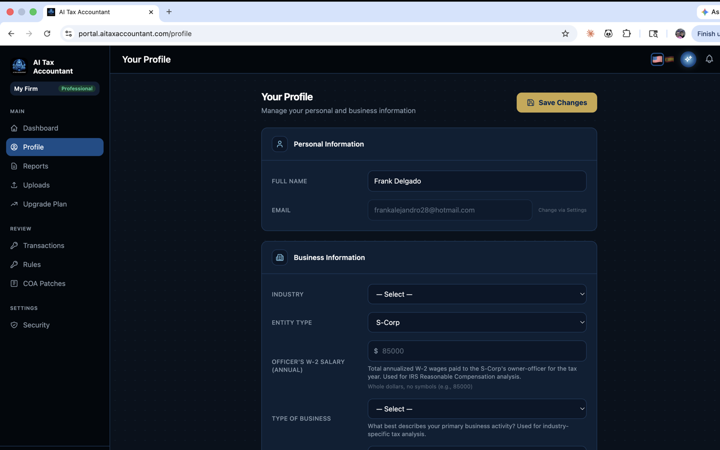 La página de Perfil del usuario en el portal