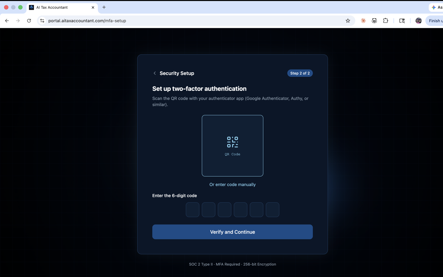 La pantalla de configuración de autenticación de dos factores en el portal